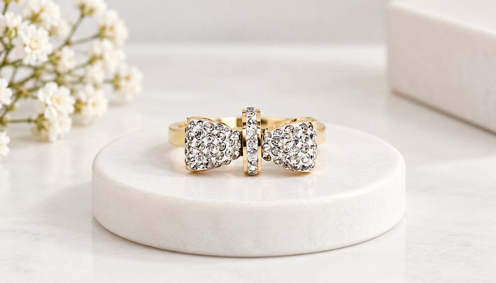 18KT Gold Plated Rhinestone Bow Rings Size 6 - Picture 1 of 3